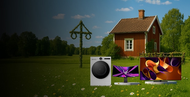 Bild av en traditionell svensk midsommarscen utomhus, rött hus med en traditionell midsommarstång på en gräsäng – en vit tvättmaskin, en bildskärm och en OLED-TV finns med.