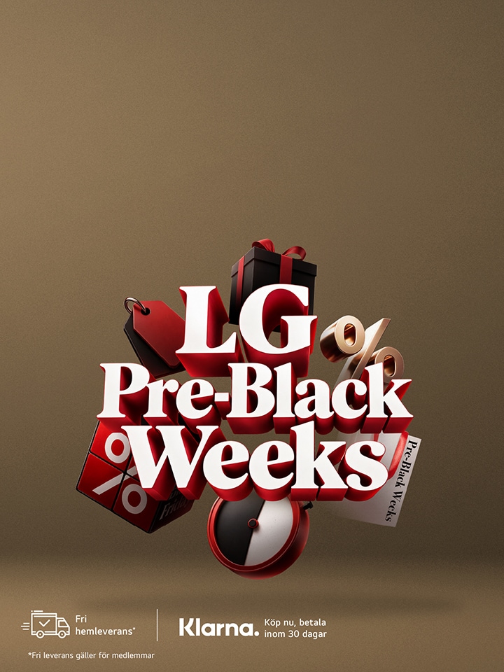 En reklambild med en svart presentask med rött band och rosett som svävar i mitten. På asken står texten "PRE-BLACK WEEKS". Bakgrunden är mörk med gnistor, och flera svarta och röda presentaskar syns längst ner i bilden. Längst ner finns Klarna-loggan och text om att handla nu och betala om 30 dagar.