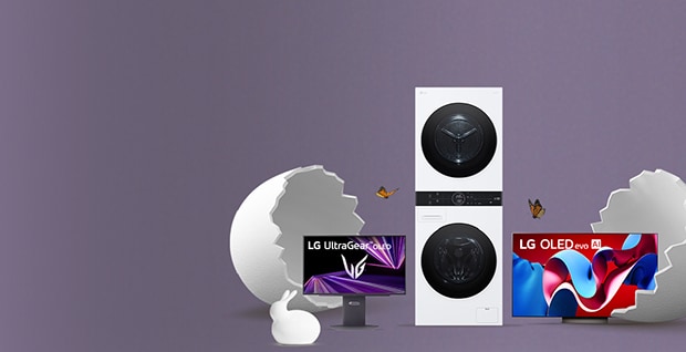 Den här bilden visar ett krossat ägg som symboliserar påsken, och ur det kommer hemelektronik från LG – bildskärmar, en tvättmaskin och torktumlare samt en TV.