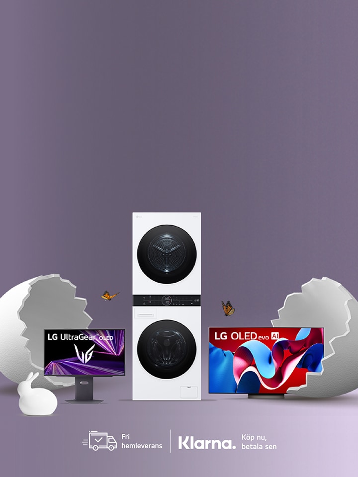 Den här bilden visar ett krossat ägg som symboliserar påsken, och ur det kommer hemelektronik från LG – bildskärmar, en tvättmaskin och torktumlare samt en TV.