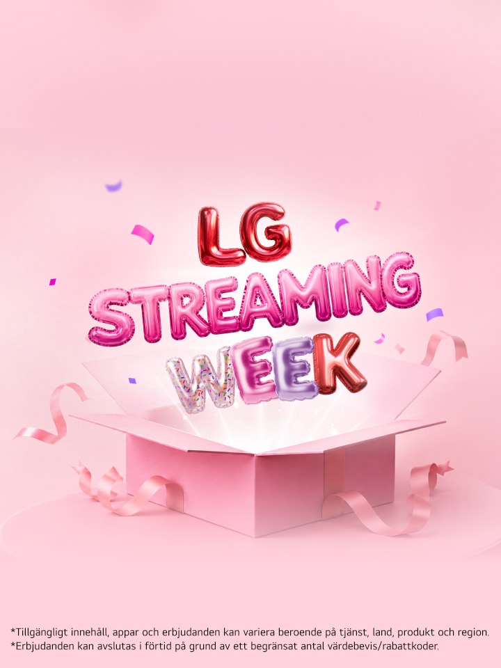 Färgglad ballongformad text med ”LG Streaming Week” stiger upp ur en öppen rosa presentask, omgiven av band och konfetti på en mjukt rosa bakgrund.