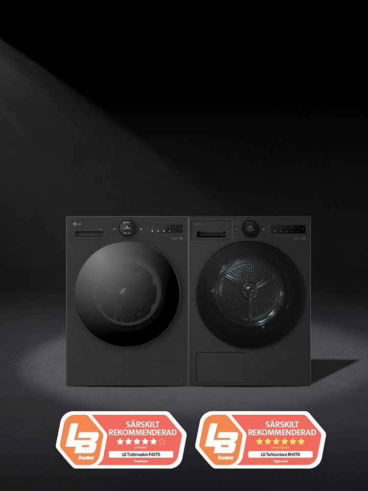 LG frontmatad tvättmaskin och torktumlare i svart design, sida vid sida. Två LG-utmärkelser visas längst ner, som markerar hög prestanda och energieffektivitet.