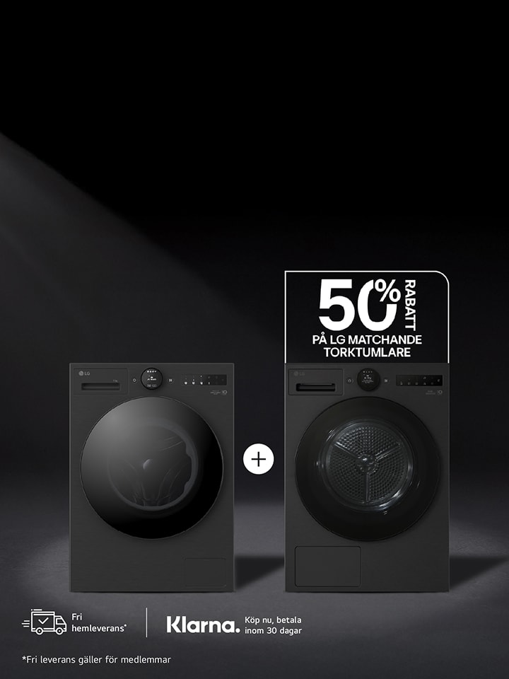 Reklambild som visar en matchande LG tvättmaskin och torktumlare med frontmatning i mörk grafitgrå färg mot en svart bakgrund. Tvättmaskinen står till vänster och torktumlaren till höger. Ovanför produkterna finns en kampanjbadge med texten "50 %