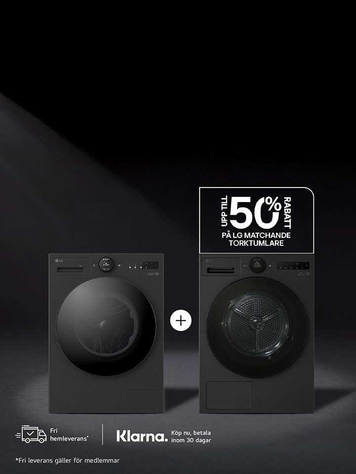Reklambild som visar en matchande LG tvättmaskin och torktumlare med frontmatning i mörk grafitgrå färg mot en svart bakgrund. Tvättmaskinen står till vänster och torktumlaren till höger. Ovanför produkterna finns en kampanjbadge med texten "50 %