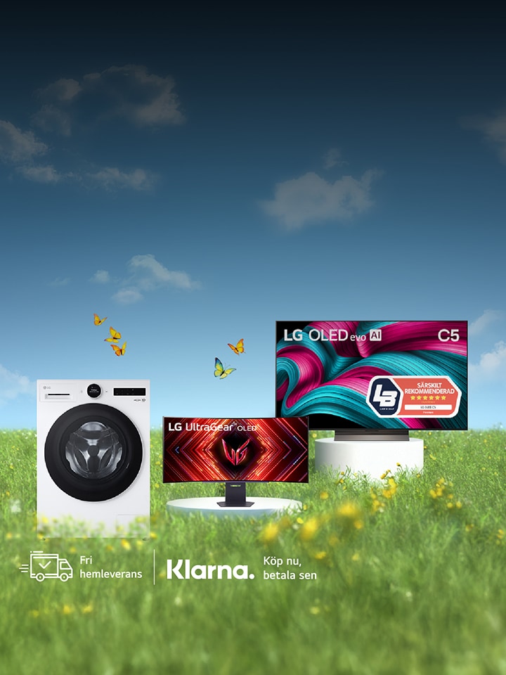 LG:s konsumentelektronikprodukter – tvättmaskin, bildskärm och smart-TV – placerade på en gräsmatta, blå himmel och några moln i bakgrunden.  Rubrik: Vårens bästa LG-deals