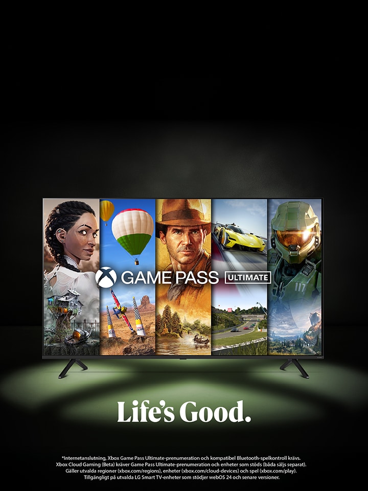 Bild av en TV med svart bakgrund där skärmen visar karaktärer från onlinespel; erbjudandet säger: spela hundratals Xbox-spel med Xbox Game Pass.