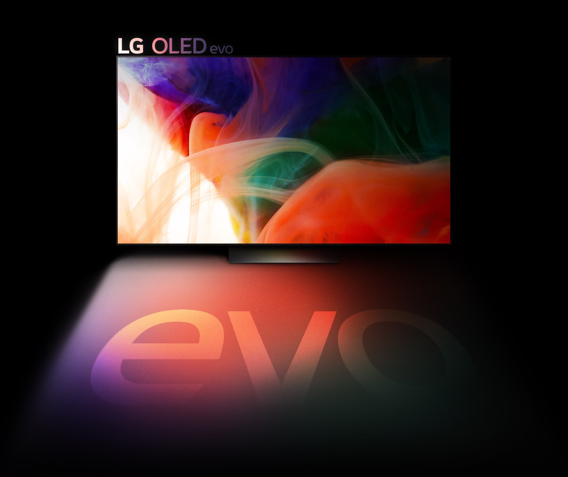 Renkli bir soyut resim gösterilen LG OLED evo TV