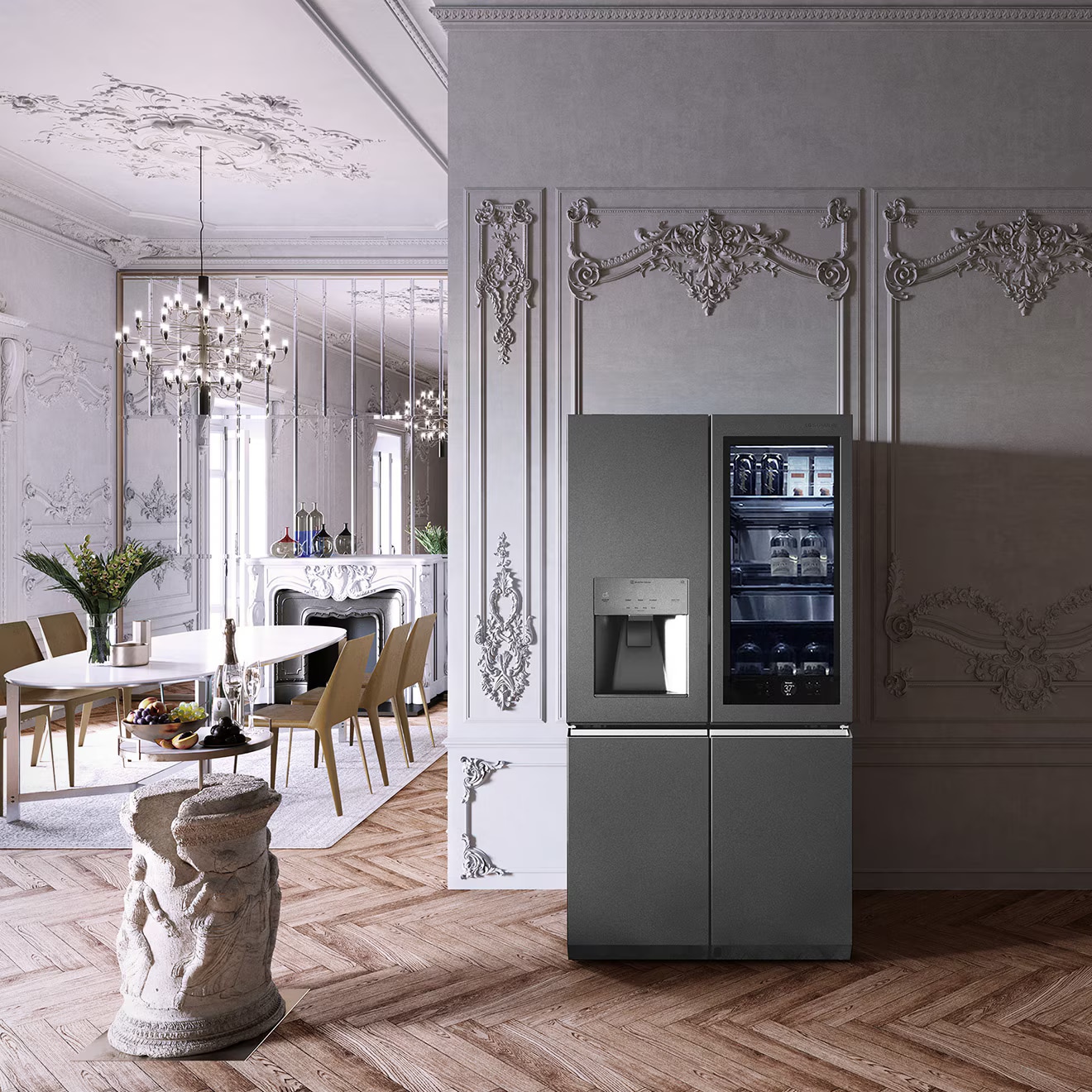 LG SIGNATURE 冰箱放置在配有 Flexform Clarke 餐桌的維多利亞風格餐廳內