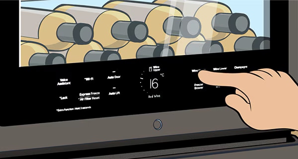 LG SIGNATURE 冰酒櫃的玻璃踫觸顯示面板的插圖影像