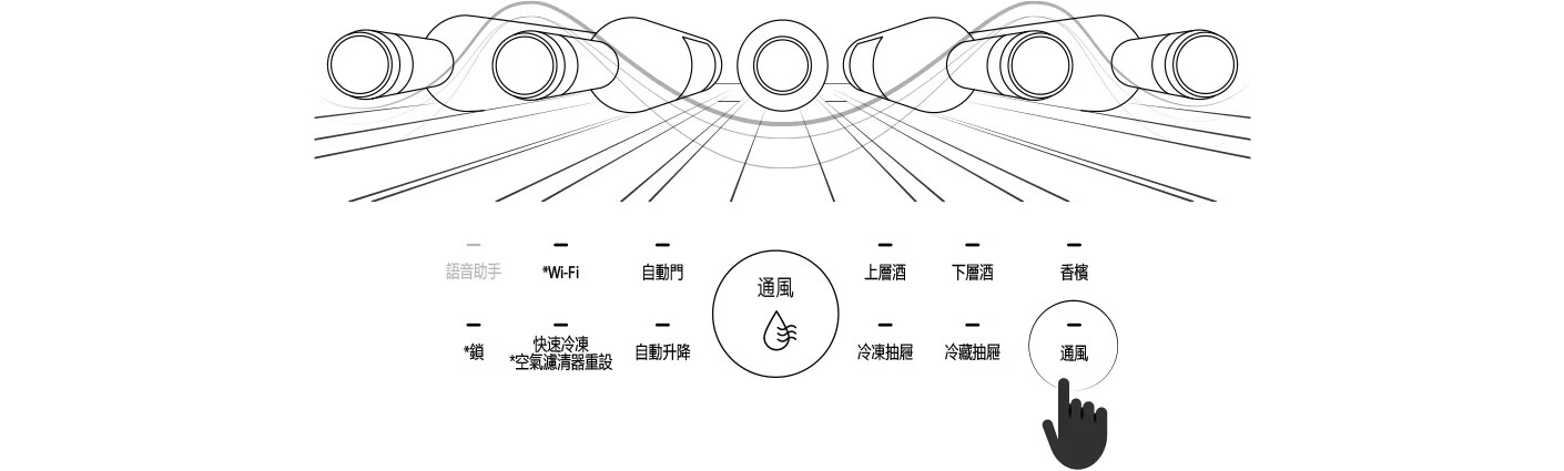 顯示了在 LG SIGNATURE 冰酒櫃玻璃觸控面板上按下「通風」選項的手指示意圖