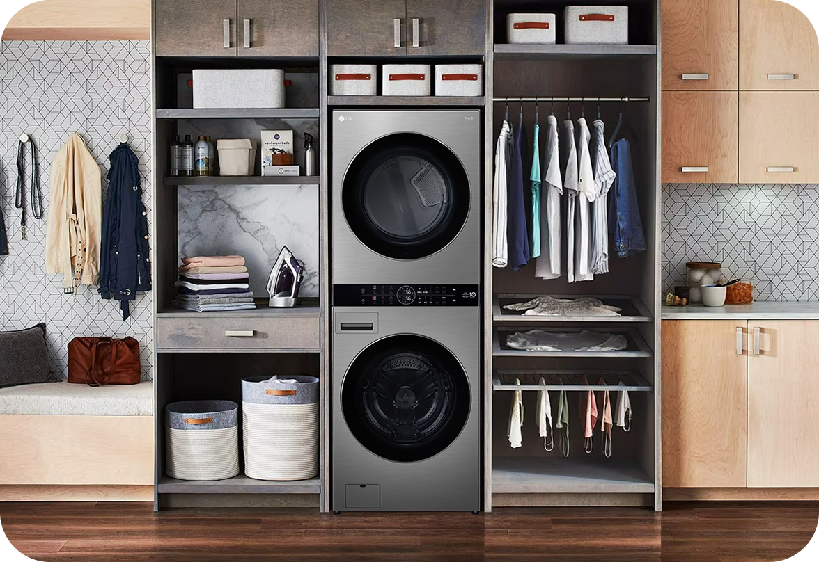 LG WashTower shown in a modern closet space combining washer and dryer in one sleek vertical design for efficient laundry