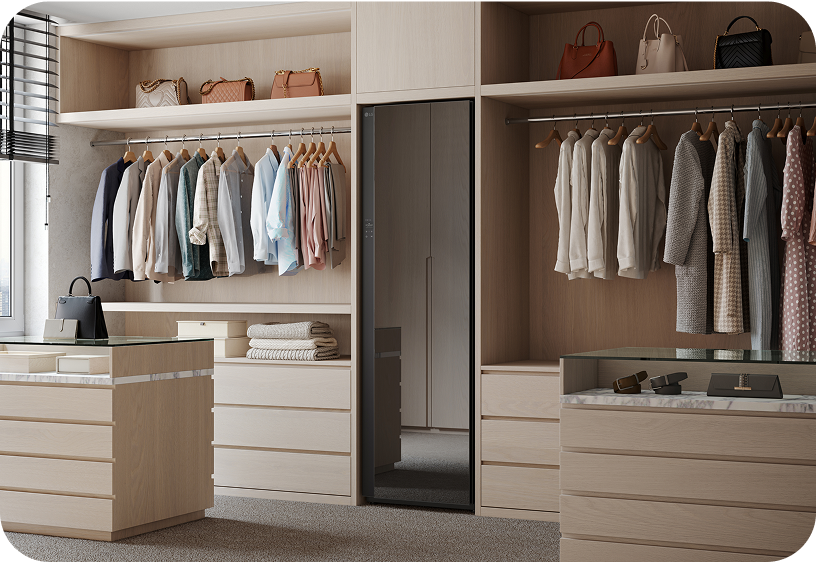 LG Styler in a modern walk-in closet keeping clothes refreshed