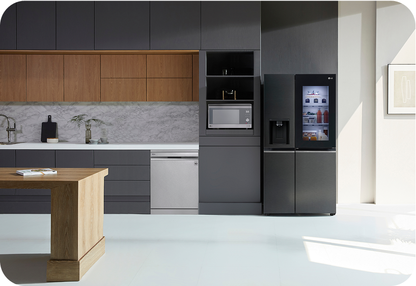 LG InstaView refrigerator with sleek black design shown in a modern kitchen providing fresh food storage and water dispense