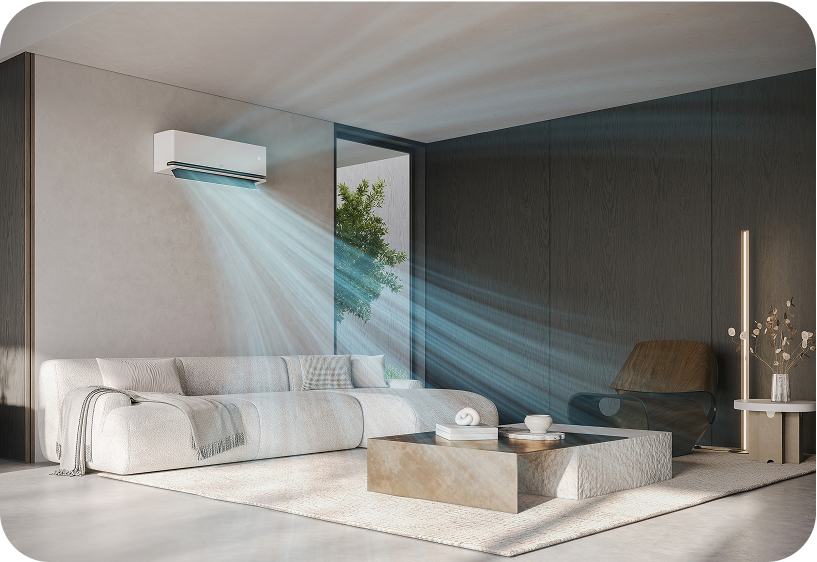 LG air conditioner installed in a modern living room providing powerful airflow for cool and comfortable indoor climate