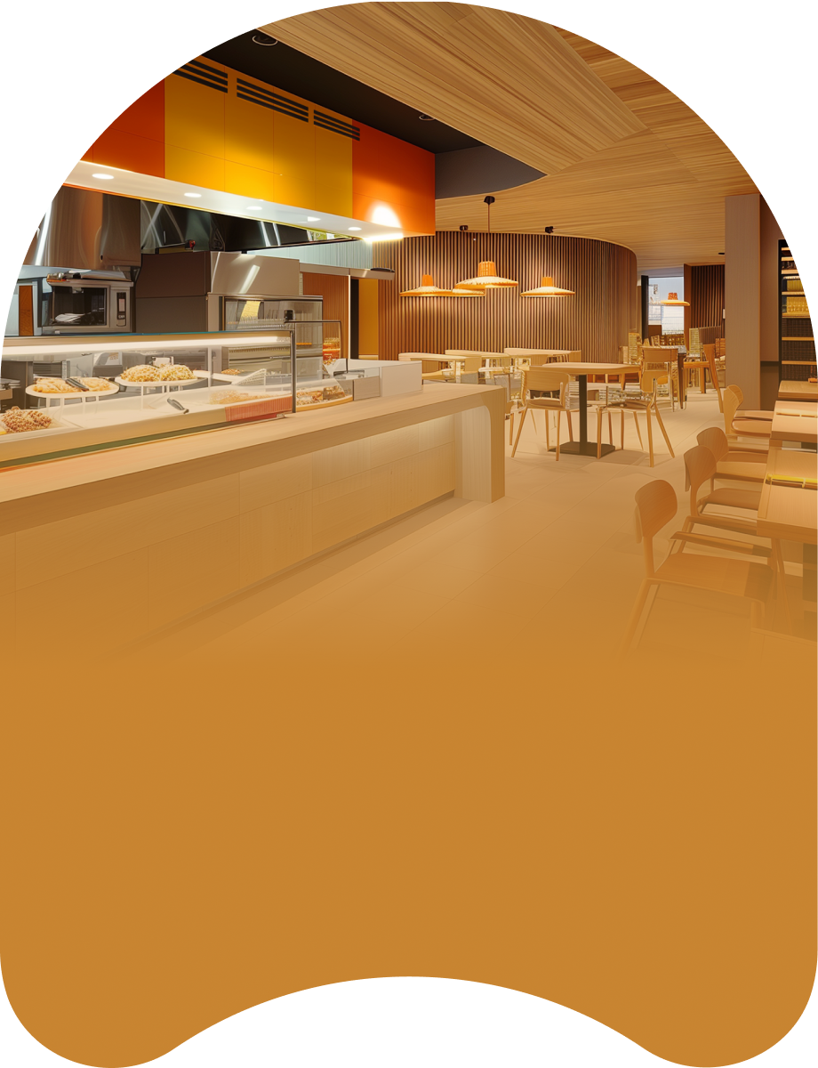 A modern restaurant with wooden tables, chairs and open kitchen area representing LG rental service for restaurants