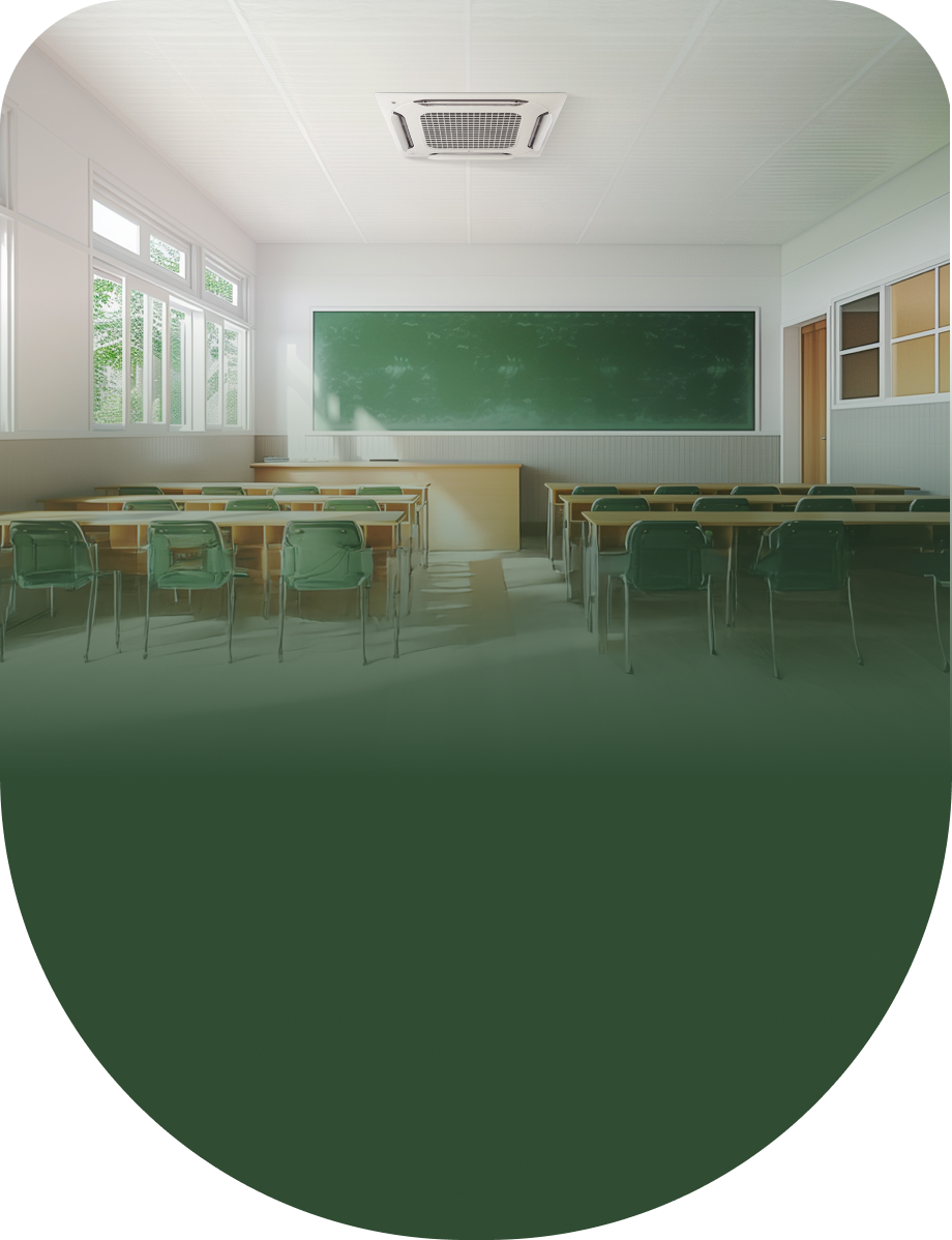 A bright classroom with desks, chairs and blackboard representing LG rental service for educational institution