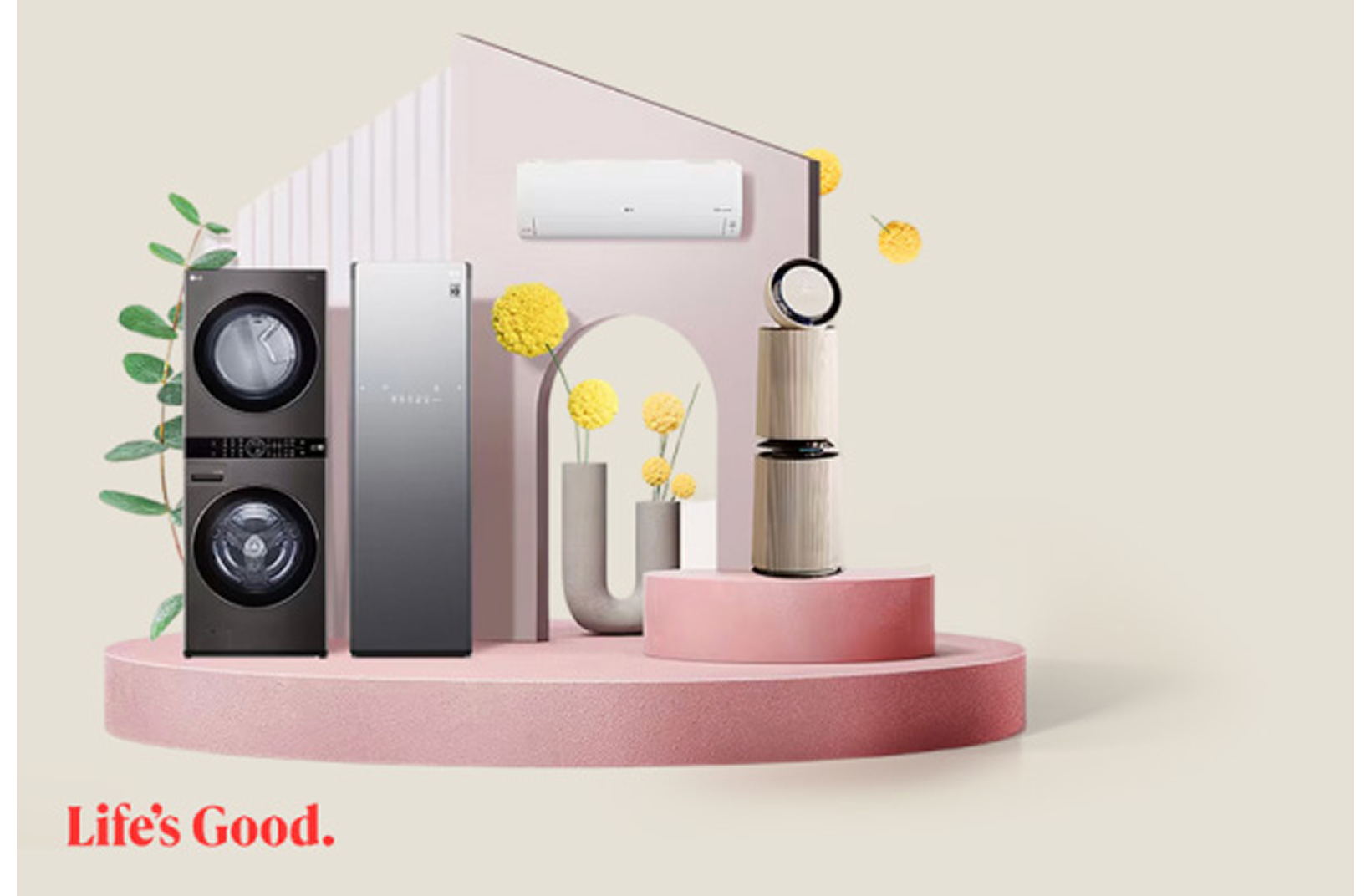 LG WashTower, Styler, air conditioner, and air purifier showcased on a modern stage with decorative flowers
