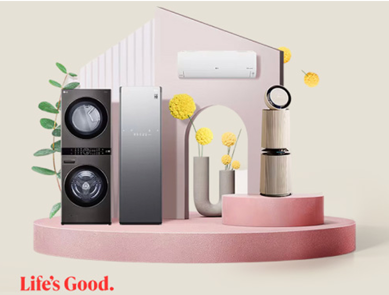 LG WashTower, Styler, air conditioner, and air purifier showcased on a modern stage with decorative flowers