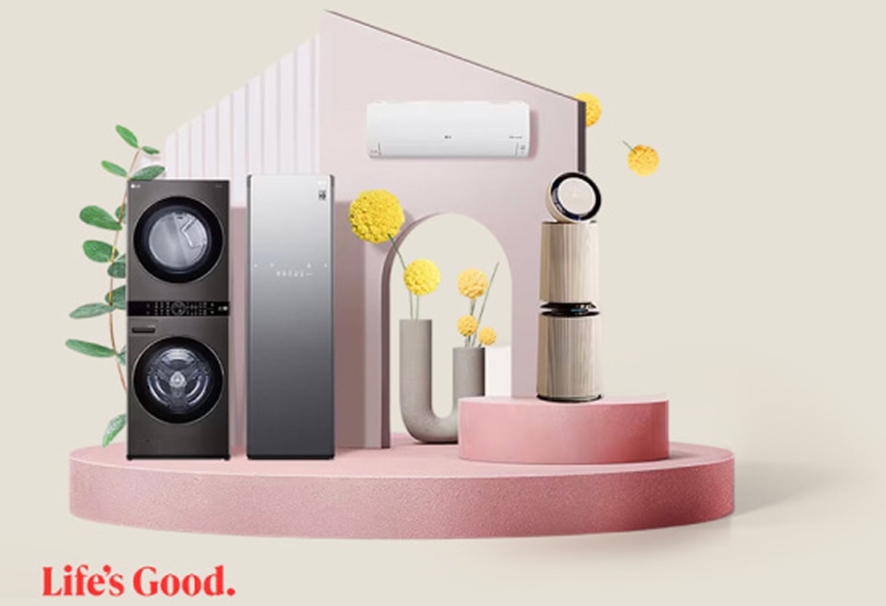 LG WashTower, Styler, air conditioner, and air purifier showcased on a modern stage with decorative flowers