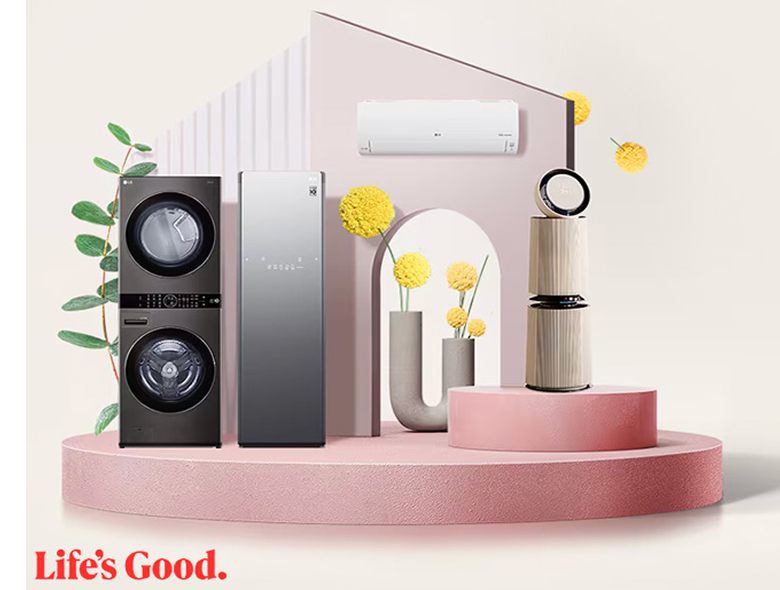 LG WashTower, Styler, air conditioner, and air purifier showcased on a modern stage with decorative flowers