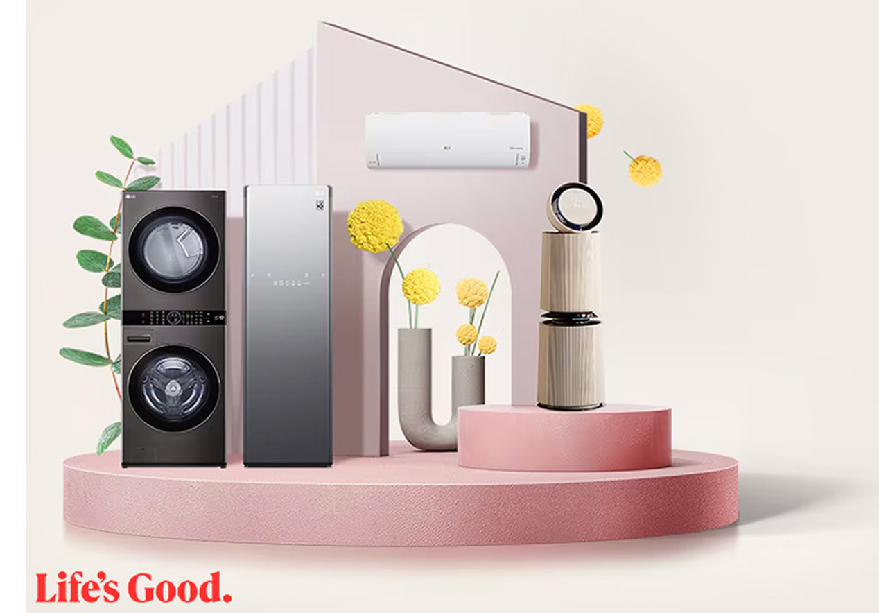 LG WashTower, Styler, air conditioner, and air purifier showcased on a modern stage with decorative flowers