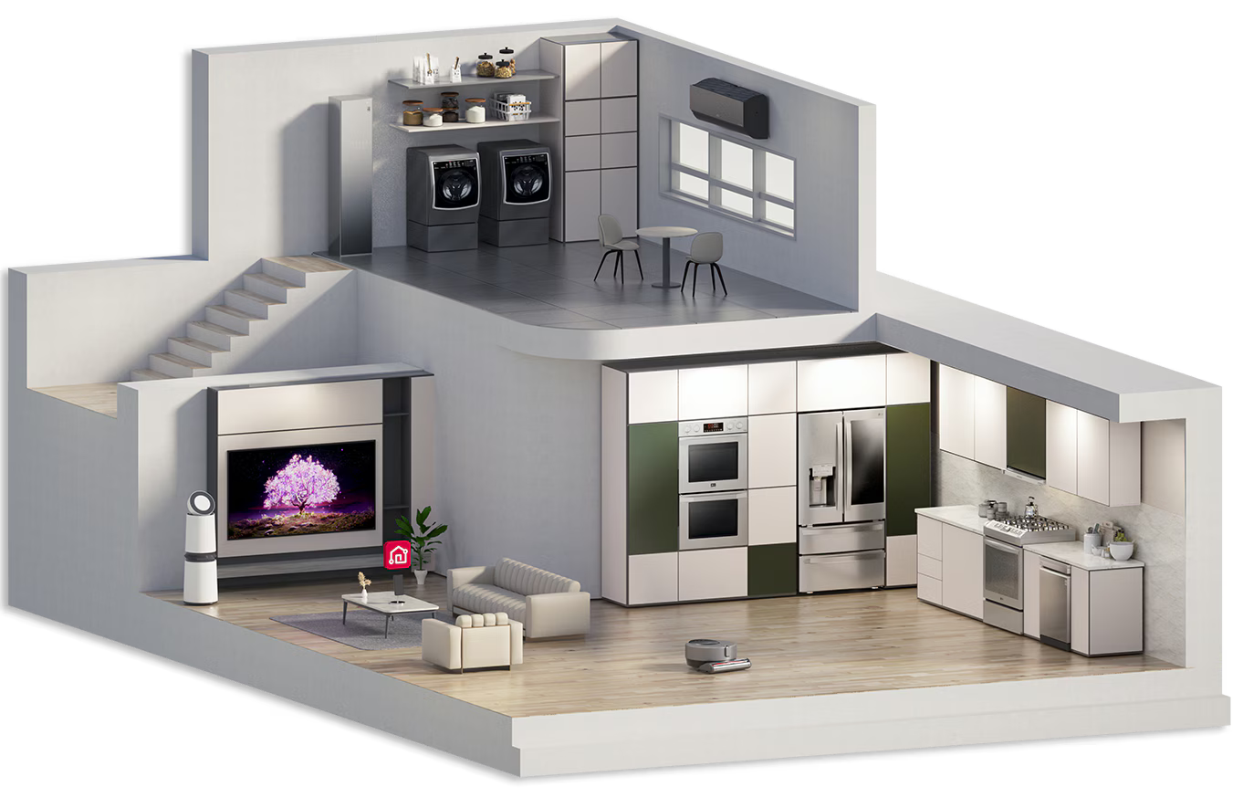 Cross-section of a two-story 3D model house with LG ThinQ appliances.