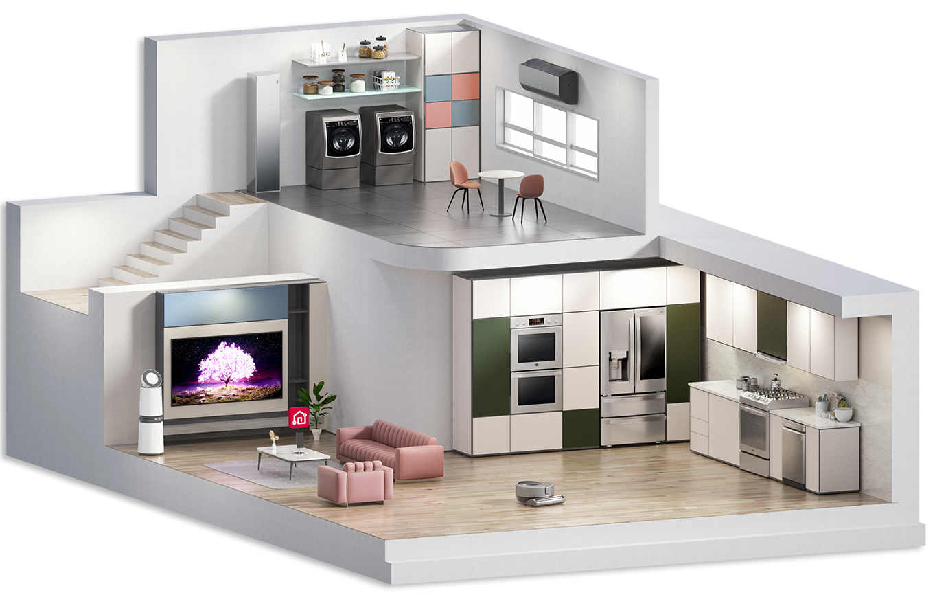Cross-section of a two-story 3D model house with LG ThinQ appliances.