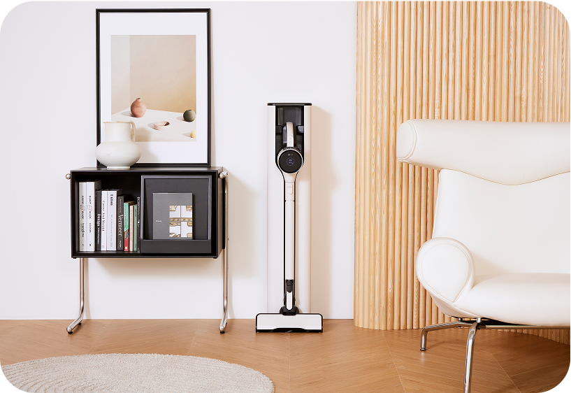 LG CordZero vacuum cleaner with all-in-one tower shown in a modern living room for convenient cleaning and storage