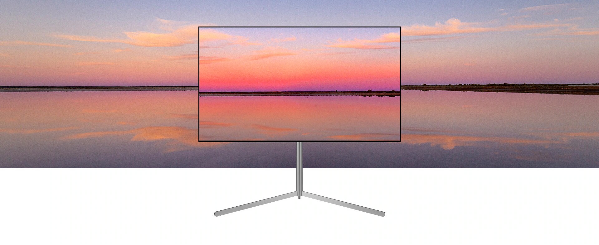 An LG OLED television on a Gallery Stand depicts a blue and pink sunset which blends into the background