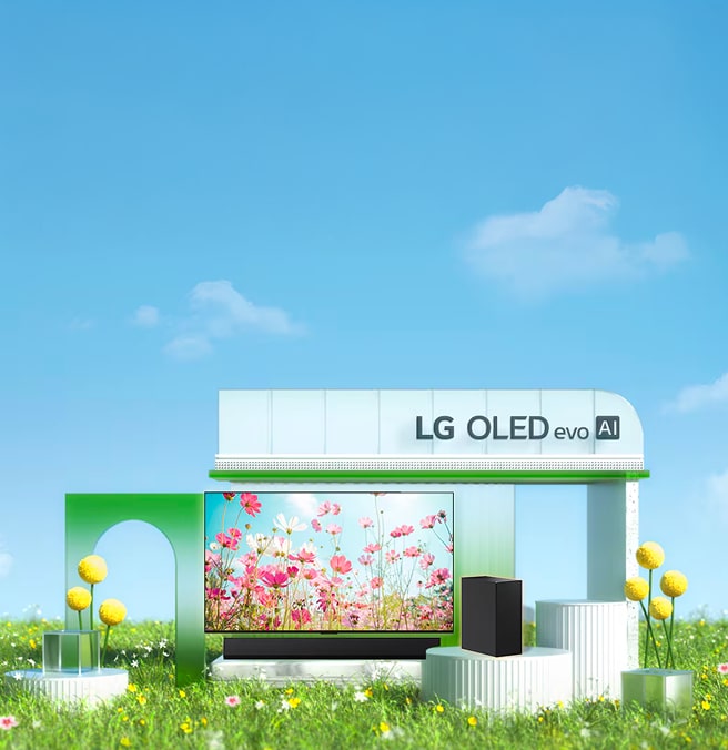 Hình ảnh với tivi LG OLED evo trên bãi cỏ