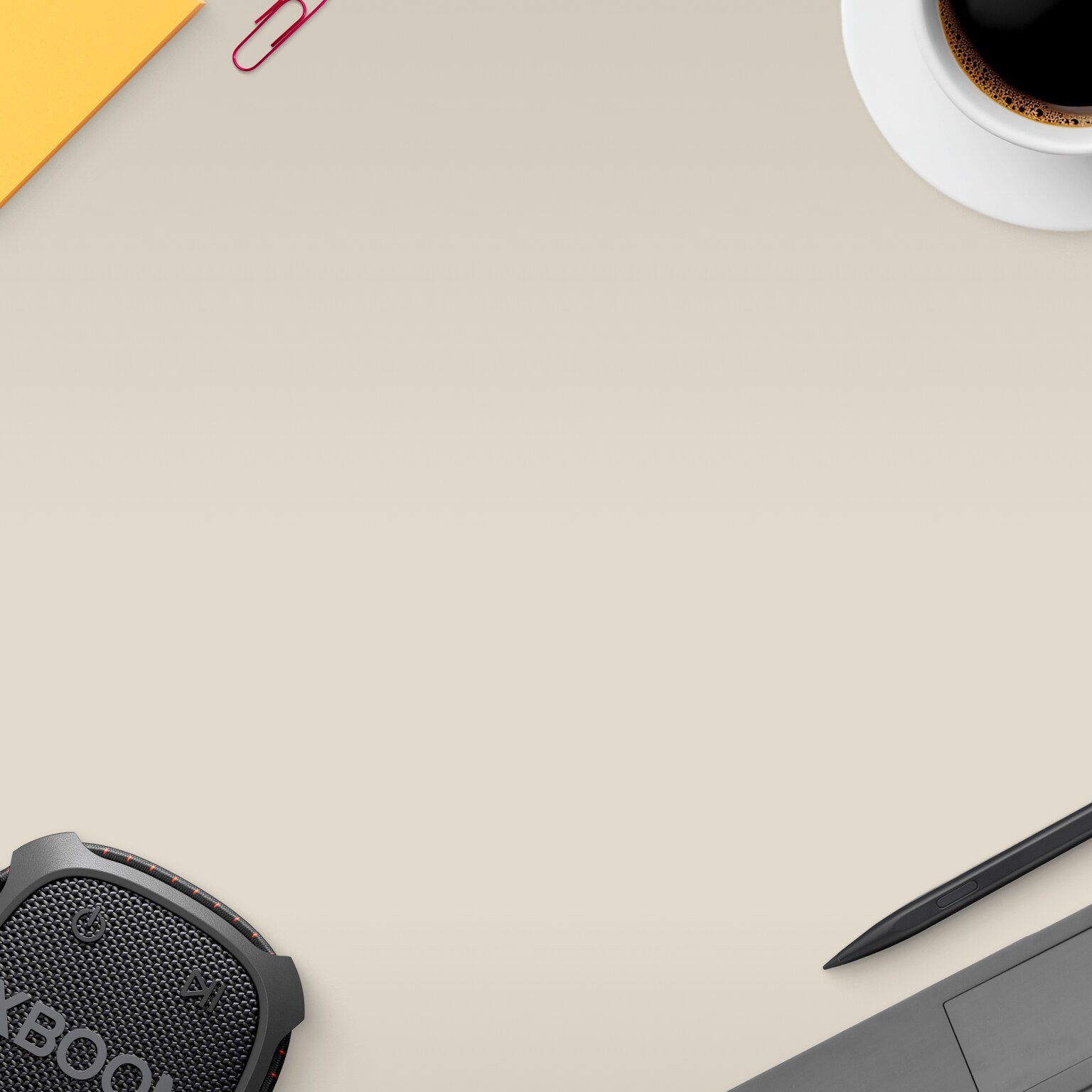 On the table, there’s a notebook, and an xboom, with ThinQ On in the center.
