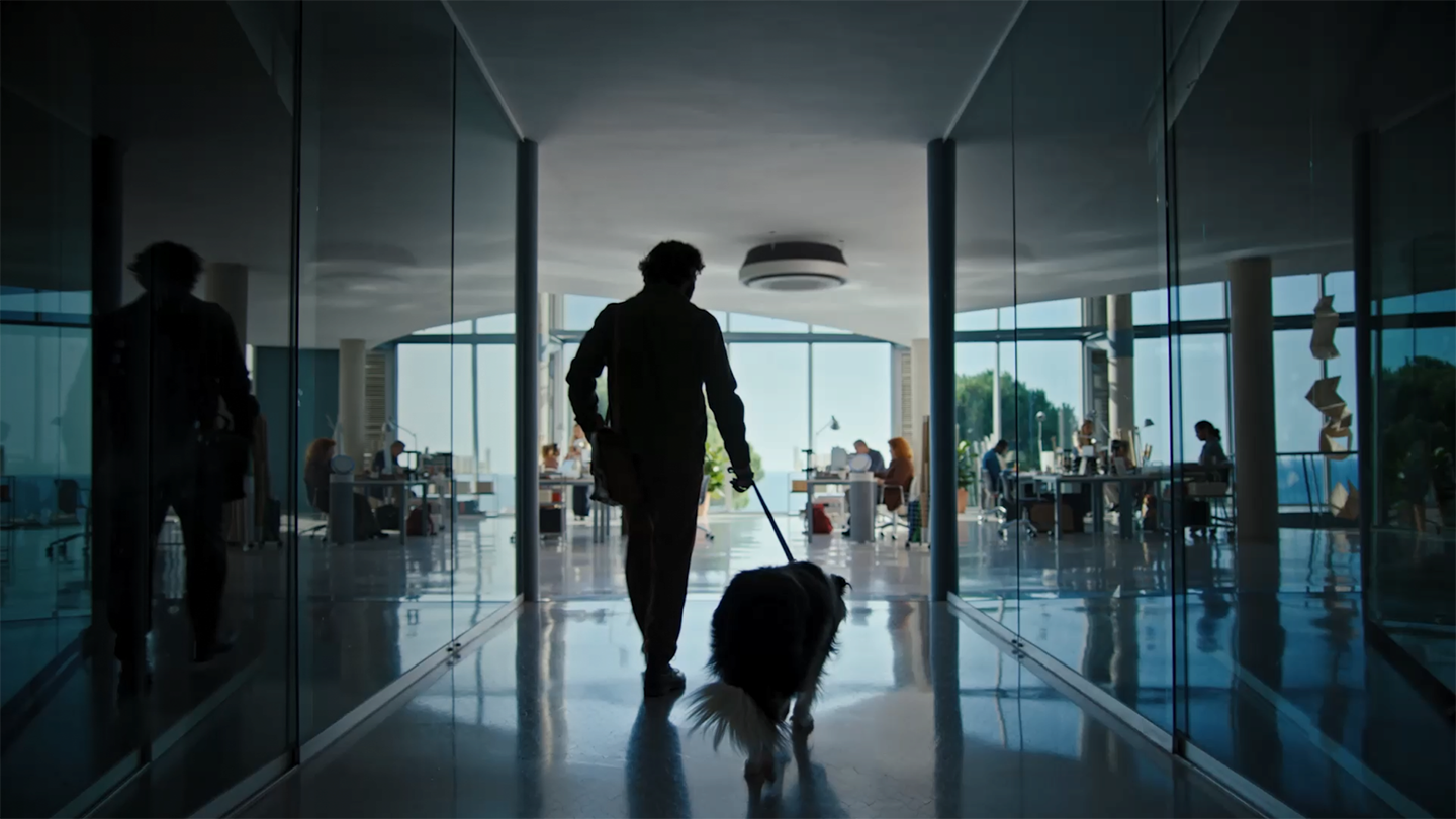 Un homme tenant une laisse de chien se dirige vers un bureau.