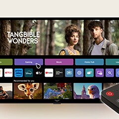 LG AI Magic Remote in use. The whole scenario shows how easy and convenient the AI Magic Remote is. The LG webOS home page is visible as a cursor appears and clicks on a specific thumbnail. It fills the screen. The AI button on the remote is then highlighted.