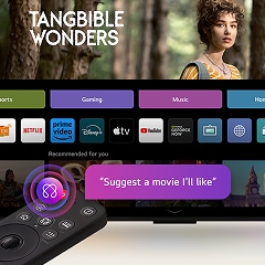 On an LG OLED TV screen is the webOS 25 home page filled with apps and entertainment content. By the TV is the LG AI-Powered Magic Remote, the AI button is highlighted as if activated by the user's voice. A speech bubble is beside it, switching to my account.