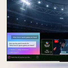 Màn hình TV LG OLED hiển thị cách AI Search hoạt động. Một cửa sổ chat nhỏ mở ra, cho thấy người dùng đã hỏi về các trò chơi thể thao nào có sẵn. AI Search đã phản hồi qua chat và hiển thị các hình thu nhỏ của những nội dung khác nhau có sẵn. Ngoài ra, cũng có lời nhắc để hỏi Microsoft Copilot.
