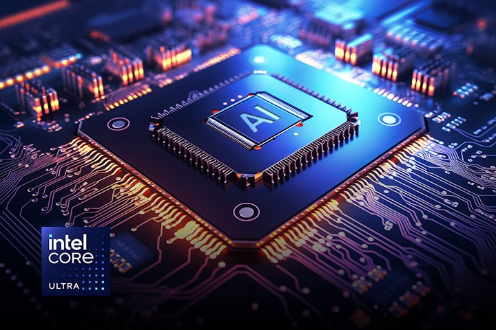 Nahaufnahme eines Intel Core Ultra-Prozessors mit einem KI-Symbol auf dem Chip, umgeben von leuchtenden Schaltkreisen, mit dem Intel Core Ultra-Logo in der Ecke.