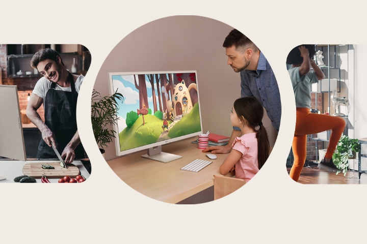 Scènes d'usage versatile de LG MyView Smart Monitor qui s'adapte parfaitement dans des espaces variés comme des bureaux, cuisines, salons et chambres.