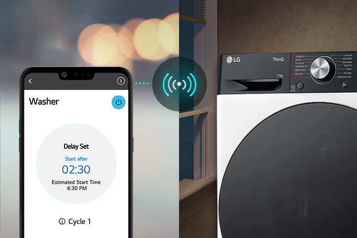 Smartphone displaying delay set time for LG ThinQ washer with a wireless connection symbol to the washing machine.