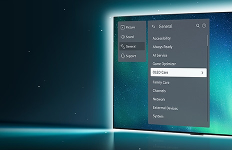 OLED TV di kanan gambar dan latar belakang kilau. Cahaya putih dari belakang TV. Menu Dukungan di layar, menu OLED Care dipilih.