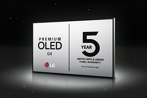 Le logo LG OLED Care+ ainsi que la garantie de 5 ans sur le panneau sur fond noir.