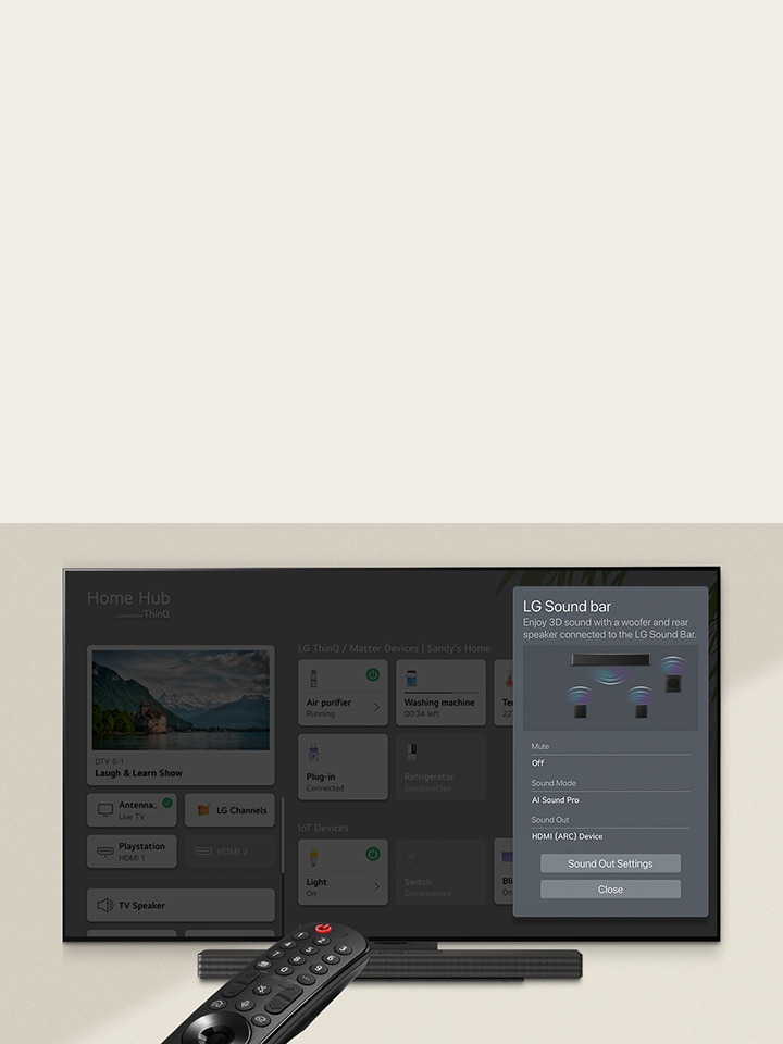 LG OLED TV’ye yönlendirilmiş bir uzaktan kumanda görüntüsü. Ekranın sağ tarafında ayarlar gösteriliyor.