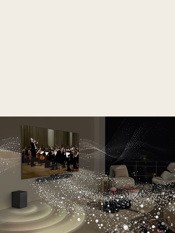 Oturma odasında duvara monteli LG OLED TV ve Soundbar görüntüsü. Parlak şekil grafikleri odanın etrafını sarıyor.Oturma odasında duvara monteli LG OLED TV ve Soundbar görüntüsü. Parlak şekil grafikleri odanın etrafını sarıyor.