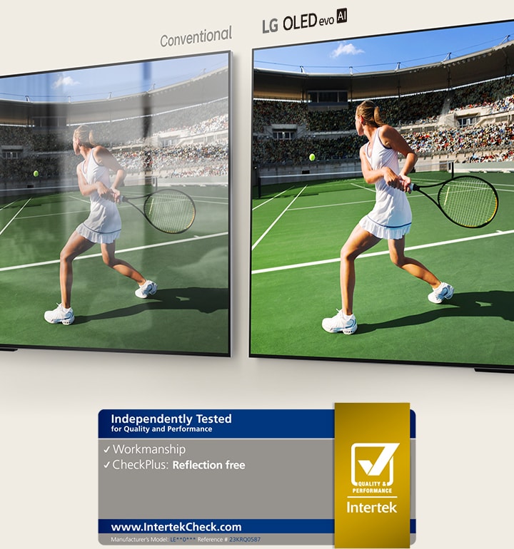On the left, a conventional TV showing a tennis player in a stadium with room reflection on the screen. On the right, LG OLED evo M4 showing the same image of a tennis player in a stadium with no room reflection, and the image looks brighter and more colorful.