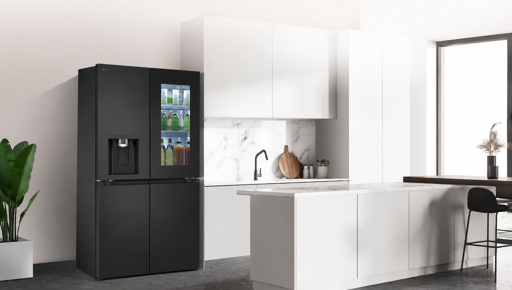 LG InstaView fridge freezer in a bright, minimalist white kitchen with marble backsplash and island counter, blending modern design with smart storage.