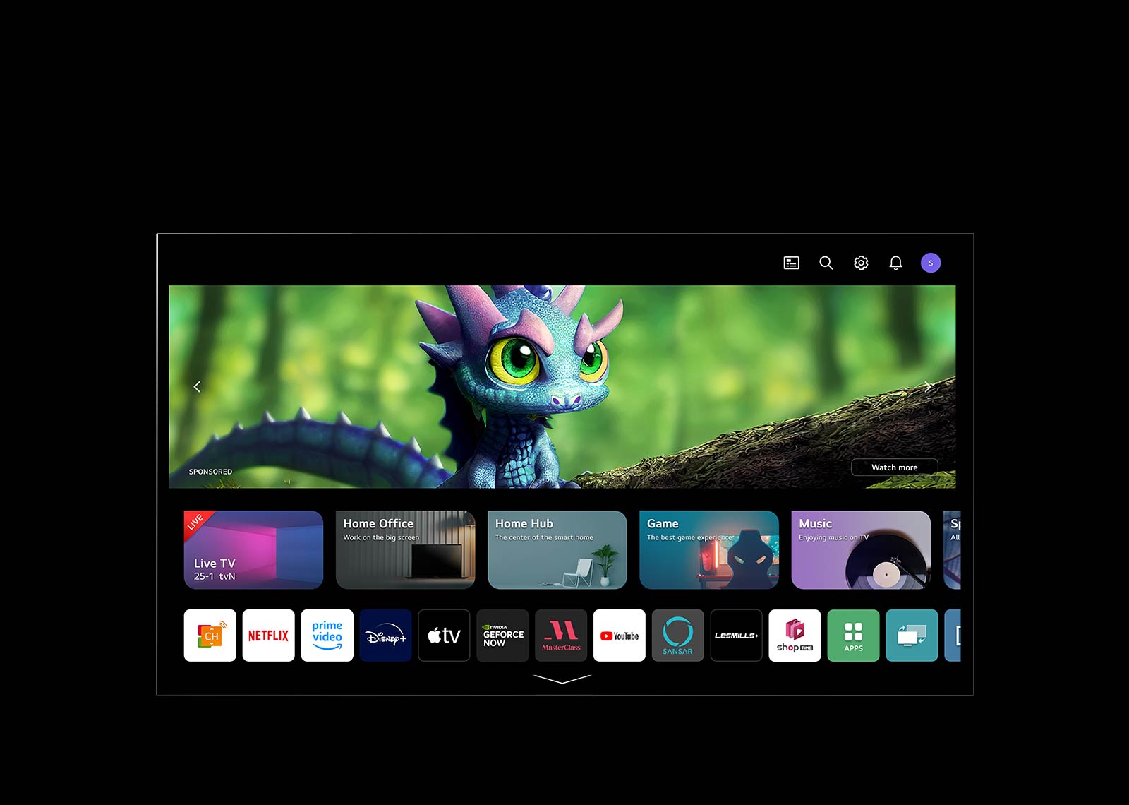 Video s domovskou obrazovku WebOS. Kurzor klikne na písmeno v pravém horním rohu a otevře jiný profil.