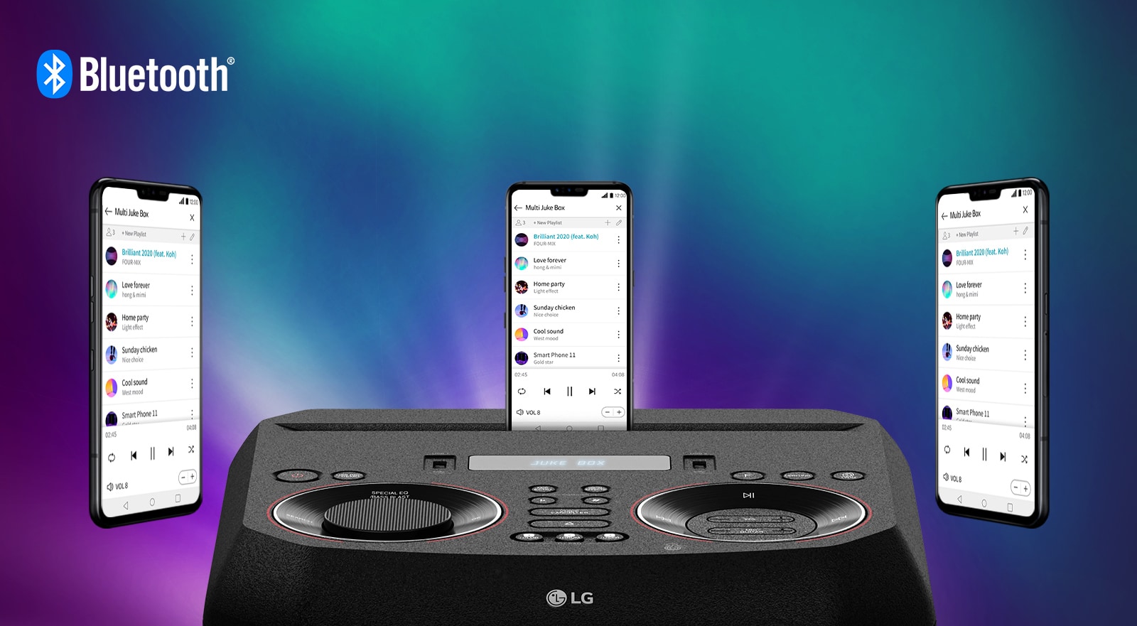 Na reproduktoru LG XBOOM je chytrý telefon, přičemž další dva se vznášejí okolo něj. V levém horním rohu je logo Bluetooth.