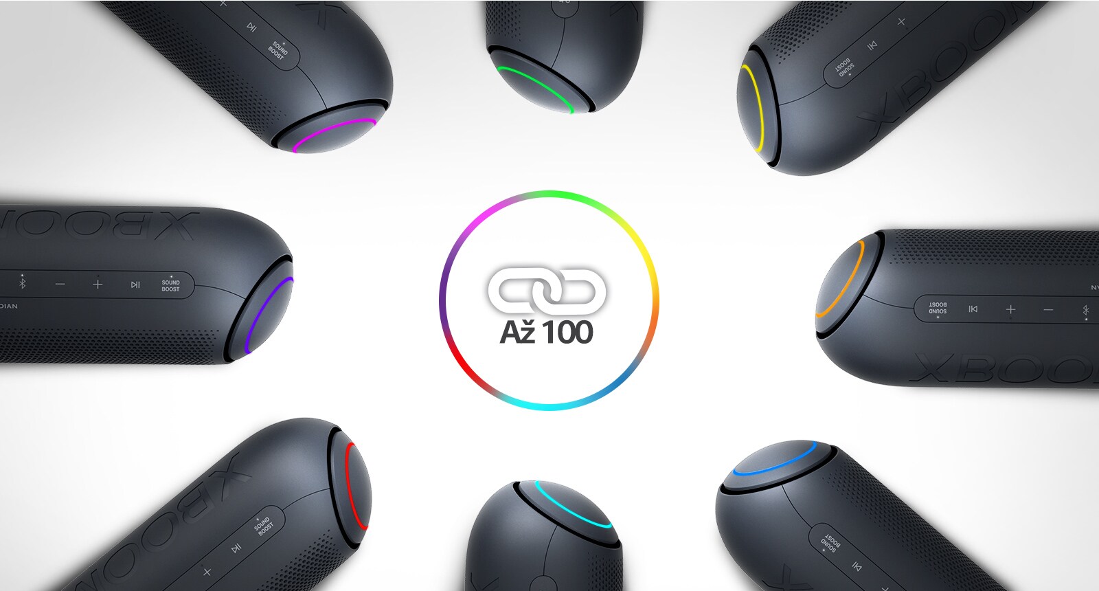 Na bílém pozadí je osm kruhů LG XBOOM Go s různými světly umístěno v kruhu kolem ikony odkazu.
