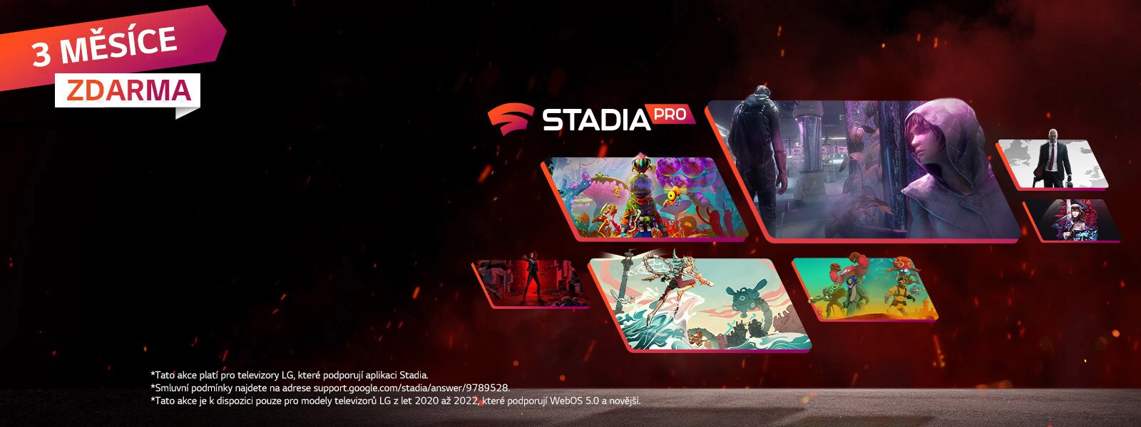 Obrázky několika her, které lze hrát v aplikaci Stadia na tmavém pozadí s červenými jiskrami.