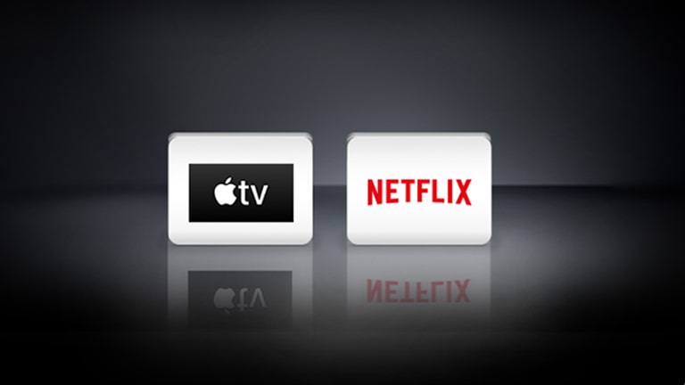 Loga Netflix, Apple TV jsou seřazena vodorovně na černém pozadí.