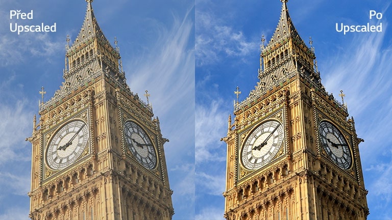 Obrázek Big Bena vpravo s textem „After Upscaled“ má jasnější a jasnější obraz ve srovnání se stejným obrázkem vlevo s textem „Before Upscaled“.